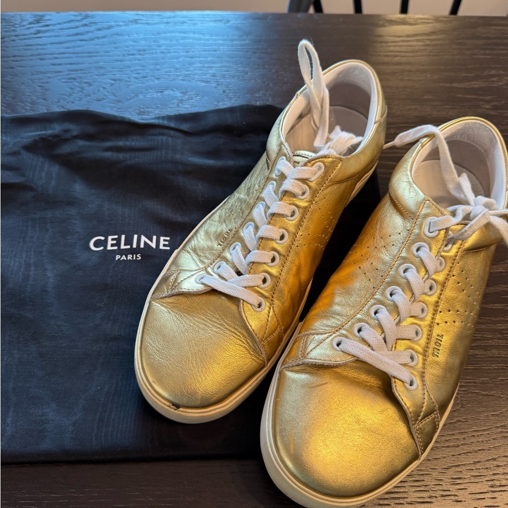 Celine Metallic Gold Sneakers with White Accents